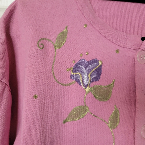 Handpainted Button Down Sweatshirt Dusty Rose w/Painted Florals Youth Sz 14/Lg - Picture 4 of 9